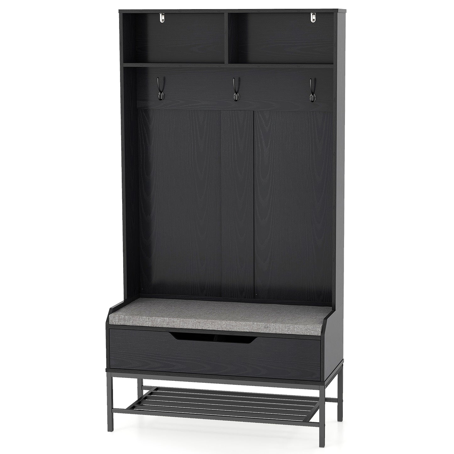 4-in-1 Entryway Hall Tree with Padded Seat Coat Rack and Shoe Storage - Black