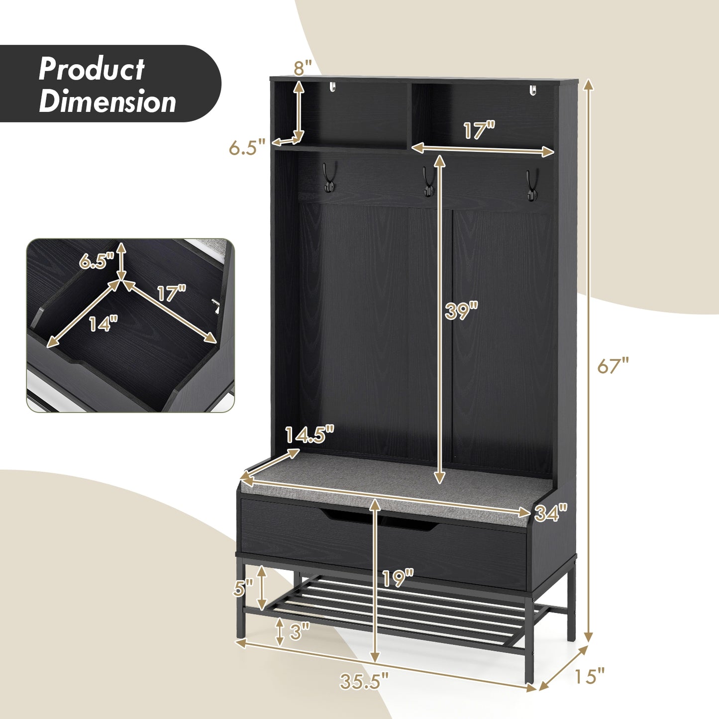 4-in-1 Entryway Hall Tree with Padded Seat Coat Rack and Shoe Storage - Black