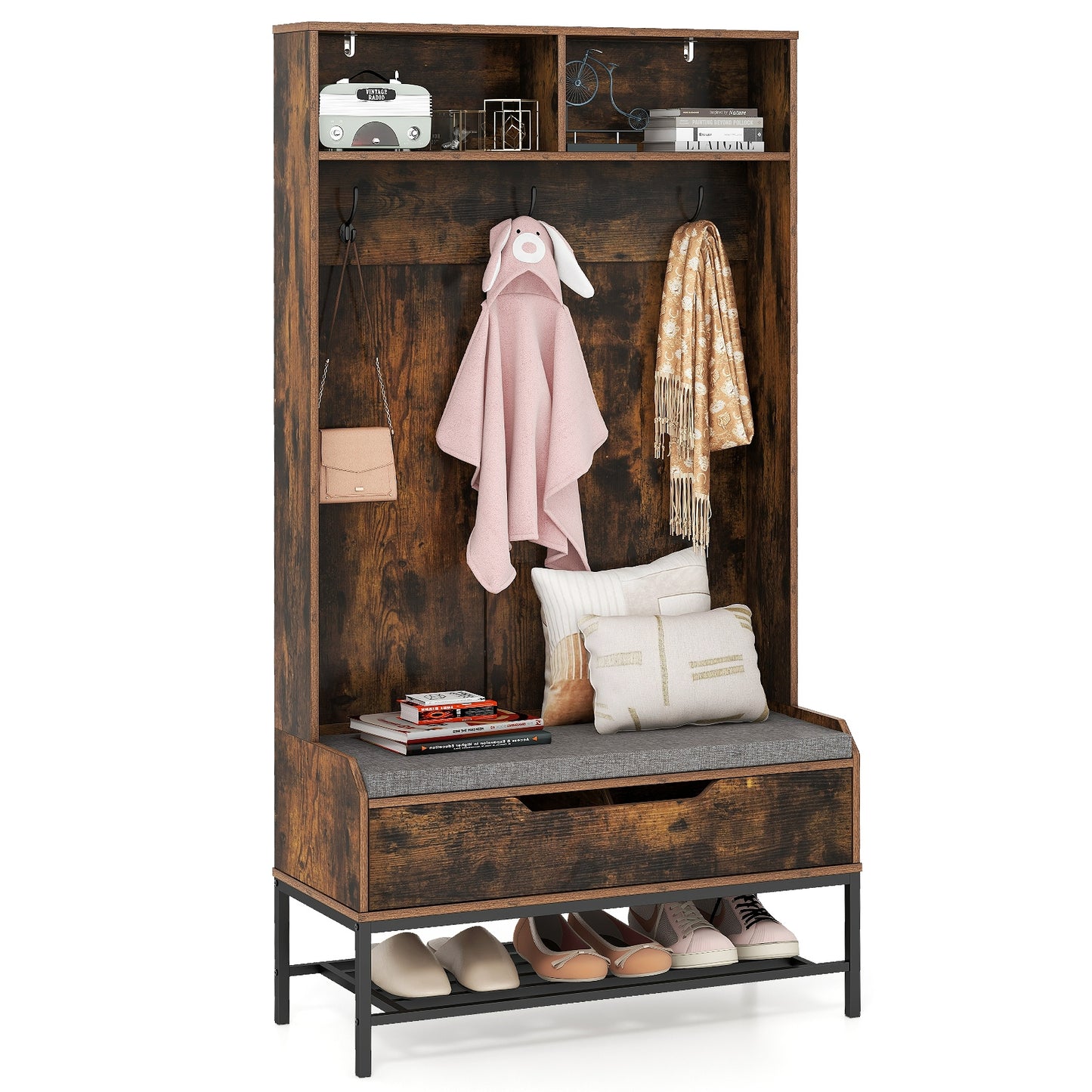 4-in-1 Entryway Hall Tree with Padded Seat Coat Rack and Shoe Storage - Rustic Brown