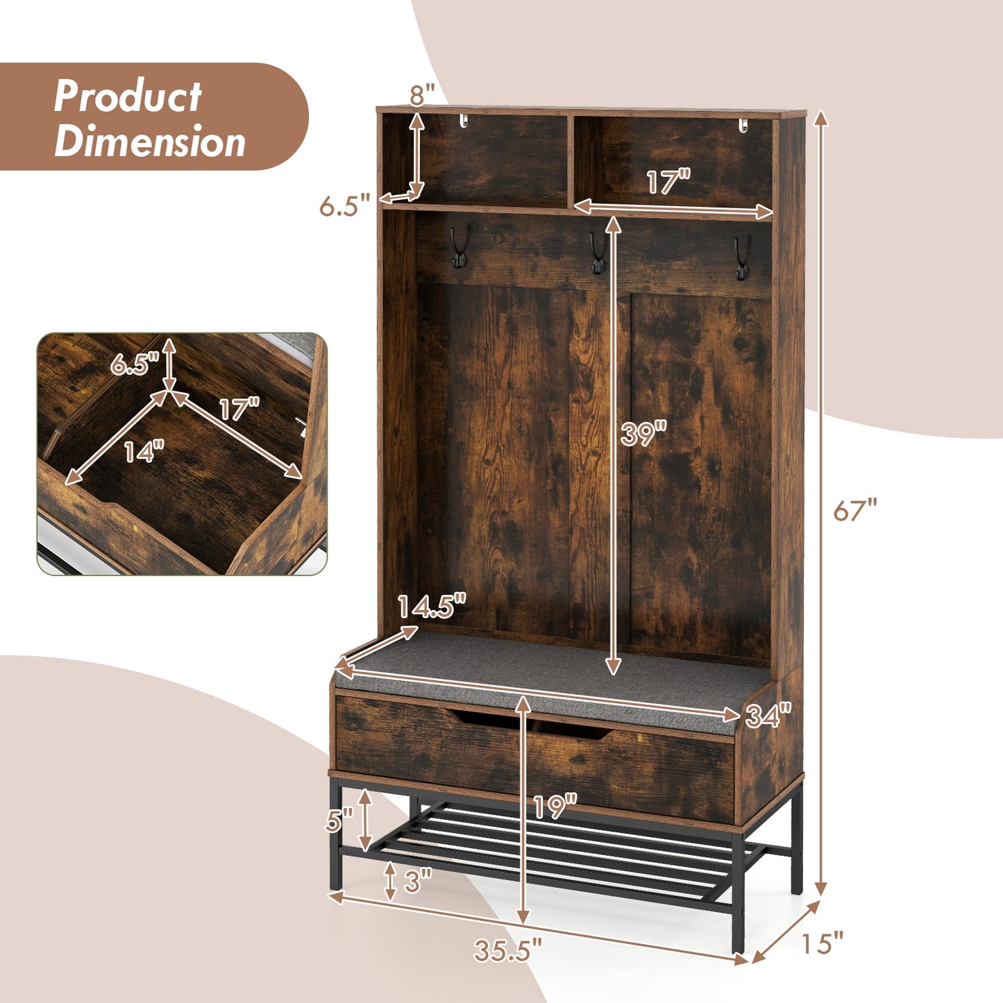 4-in-1 Entryway Hall Tree with Padded Seat Coat Rack and Shoe Storage - Rustic Brown