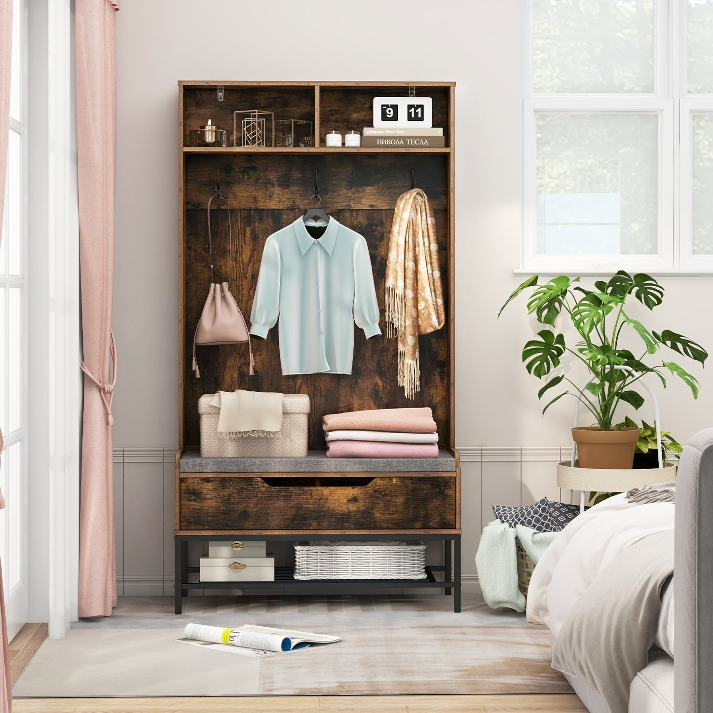 4-in-1 Entryway Hall Tree with Padded Seat Coat Rack and Shoe Storage - Rustic Brown