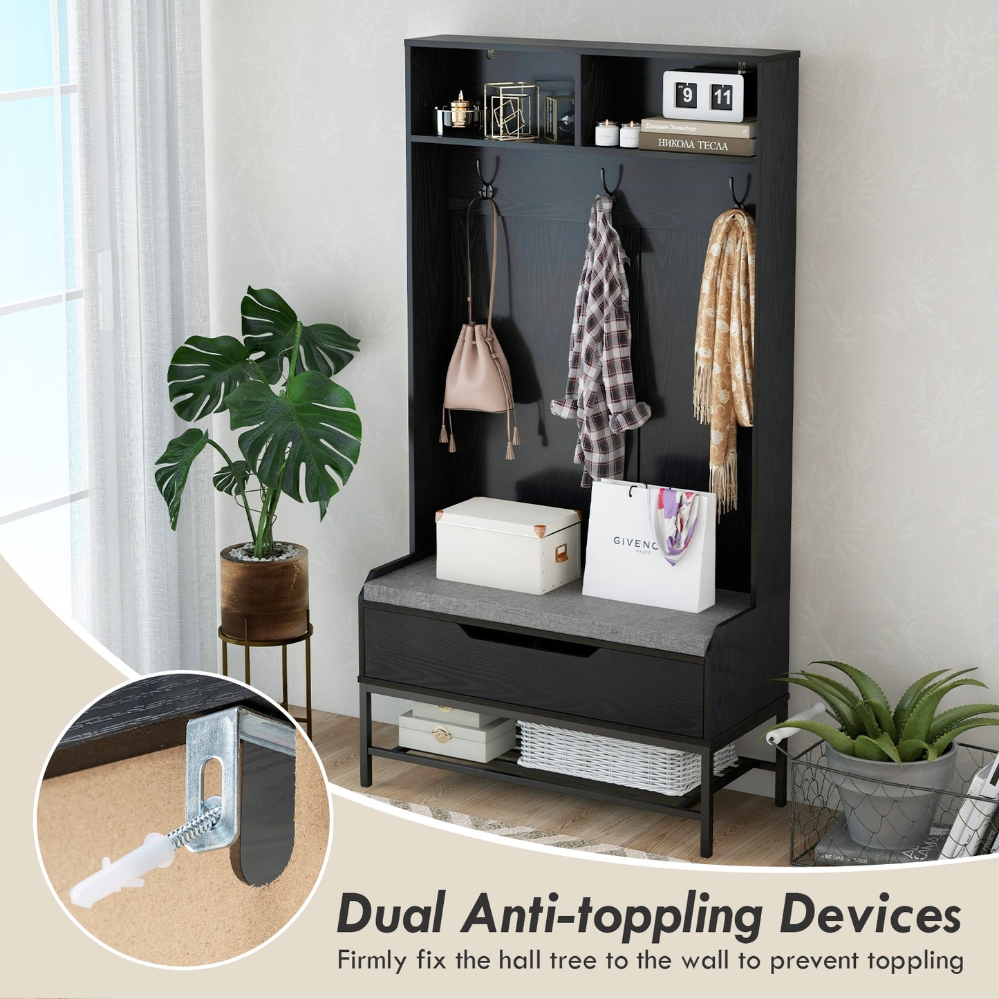 4-in-1 Entryway Hall Tree with Padded Seat Coat Rack and Shoe Storage - Black