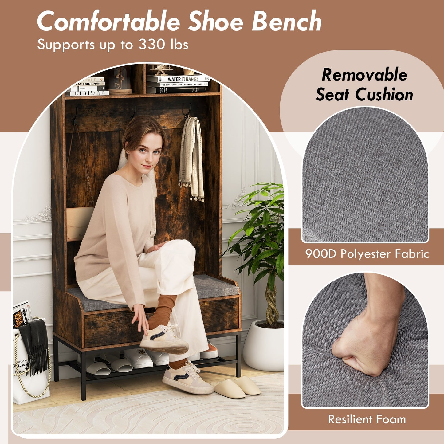 4-in-1 Entryway Hall Tree with Padded Seat Coat Rack and Shoe Storage - Rustic Brown
