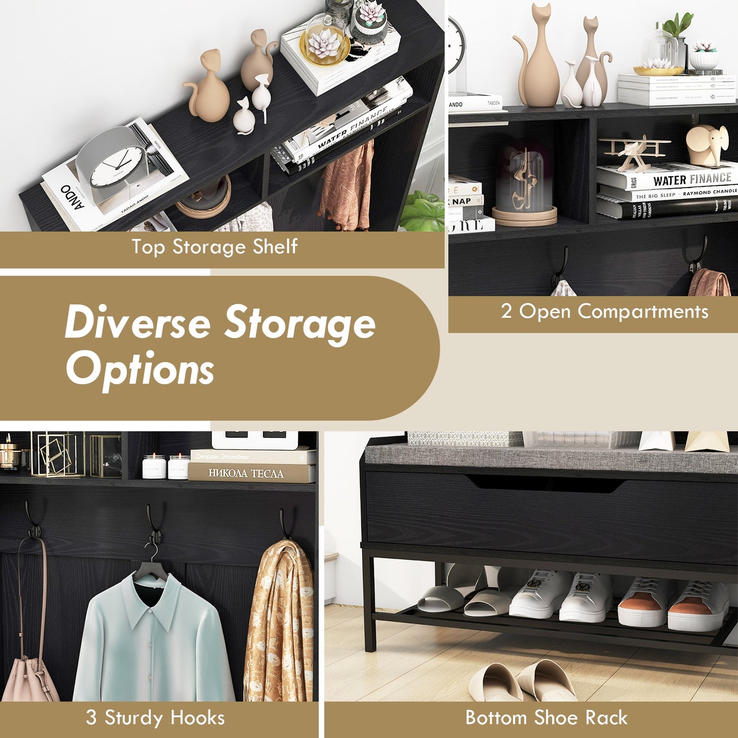 4-in-1 Entryway Hall Tree with Padded Seat Coat Rack and Shoe Storage - Black