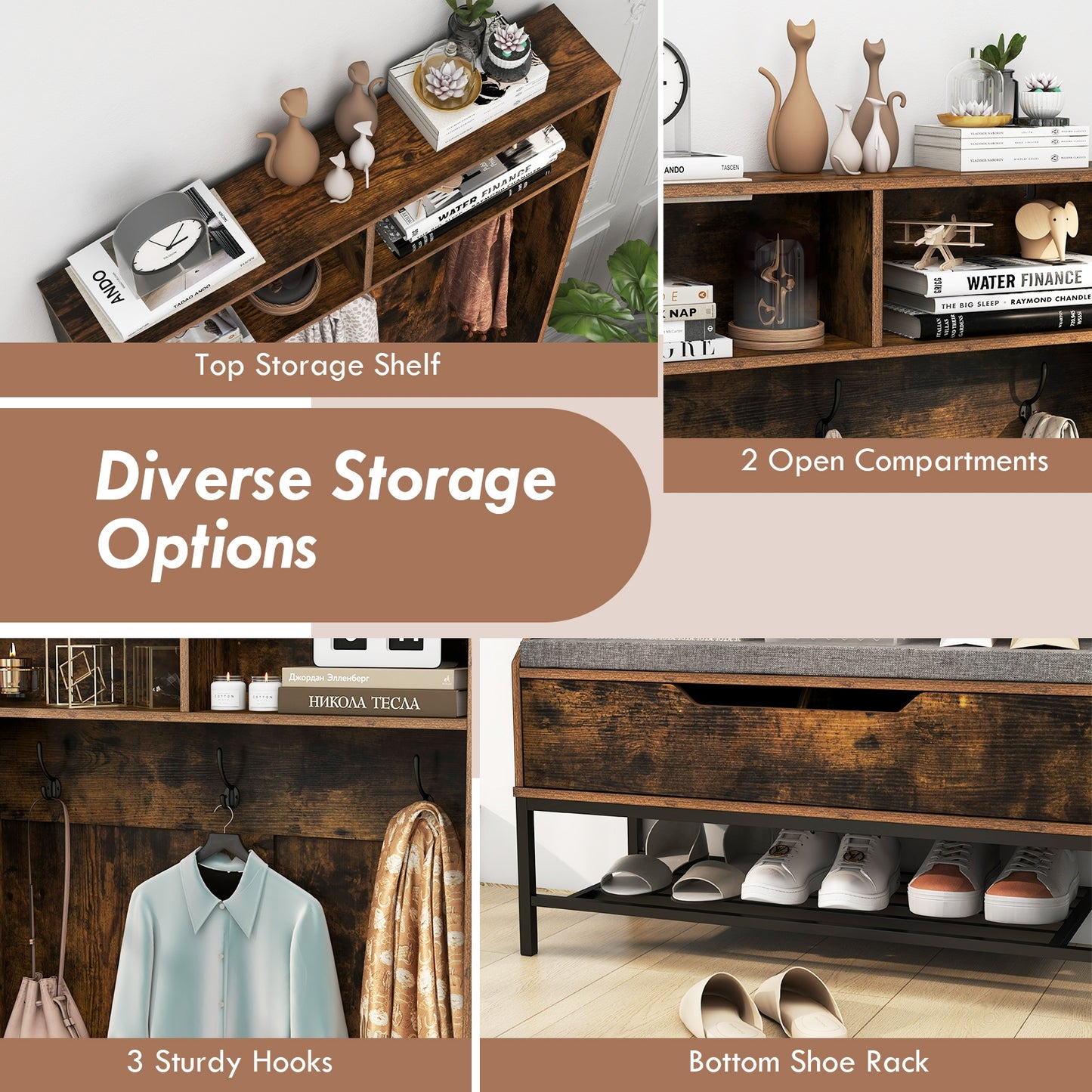 4-in-1 Entryway Hall Tree with Padded Seat Coat Rack and Shoe Storage - Rustic Brown