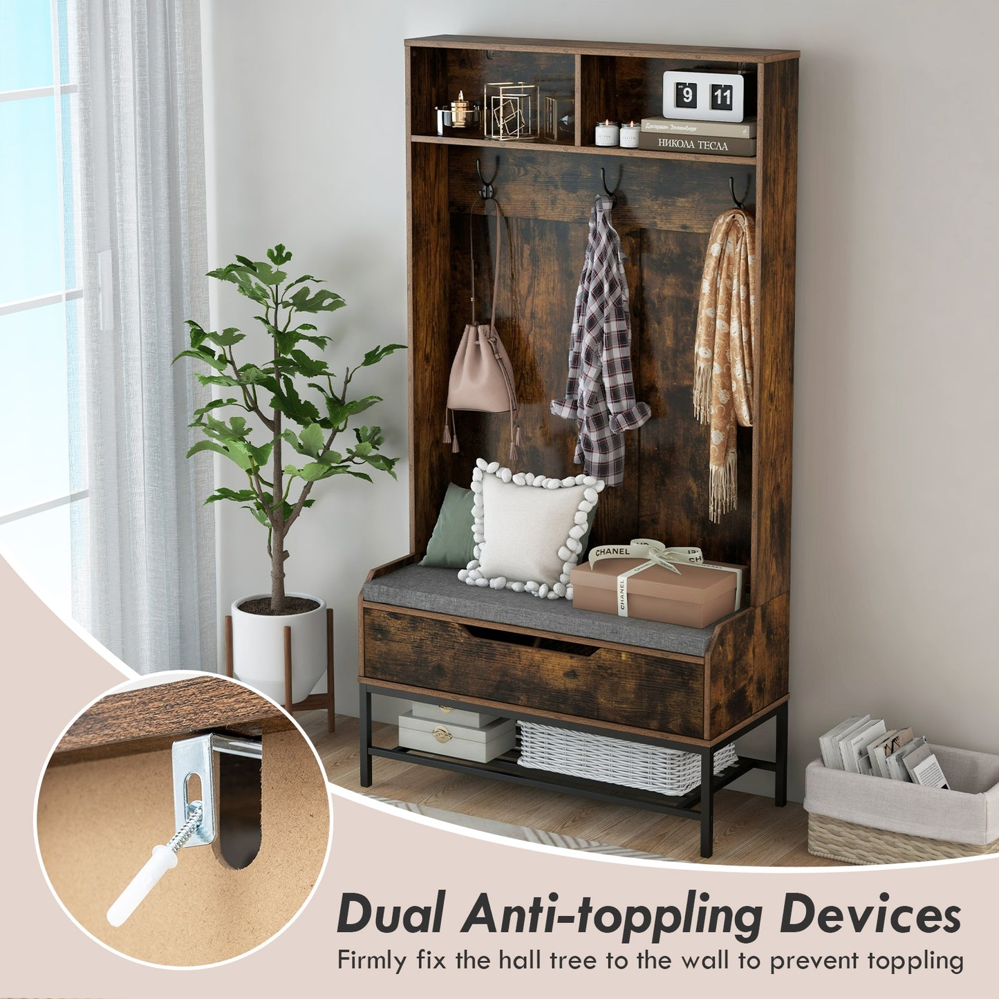 4-in-1 Entryway Hall Tree with Padded Seat Coat Rack and Shoe Storage - Rustic Brown