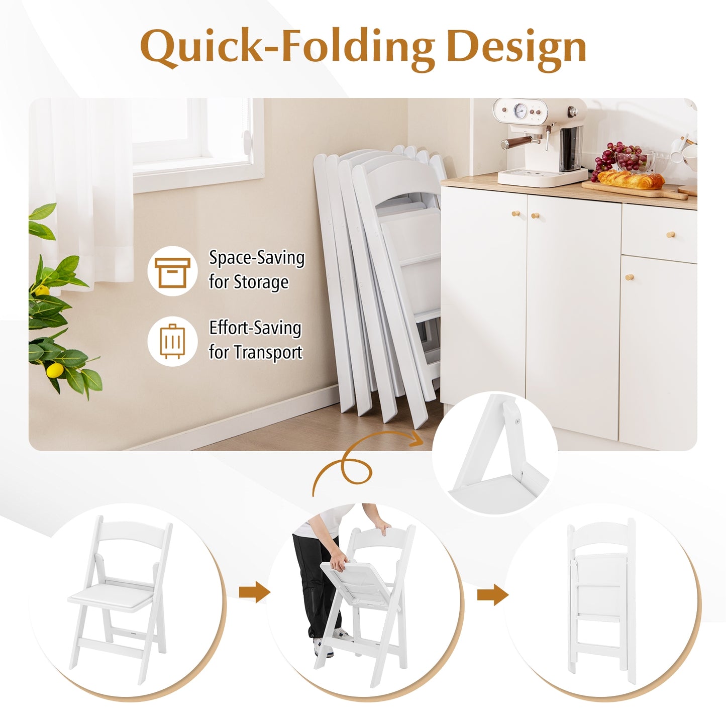 Resin Folding Chairs with Padded Seat for Outdoor and Indoor Use - Set of 4