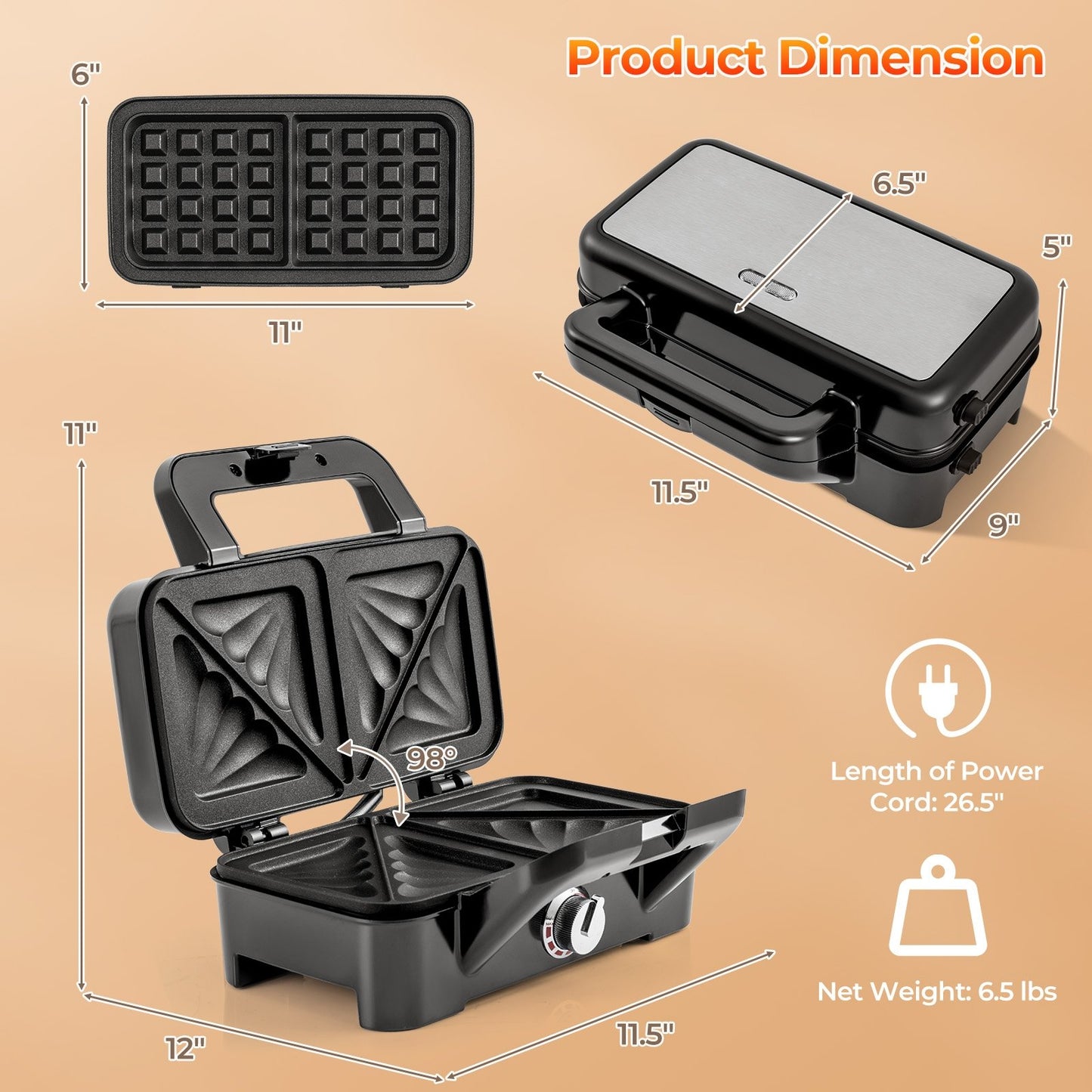 Versatile 3 in 1 Sandwich Maker & Grill with 1200W Power and Removable Non Stick Plates