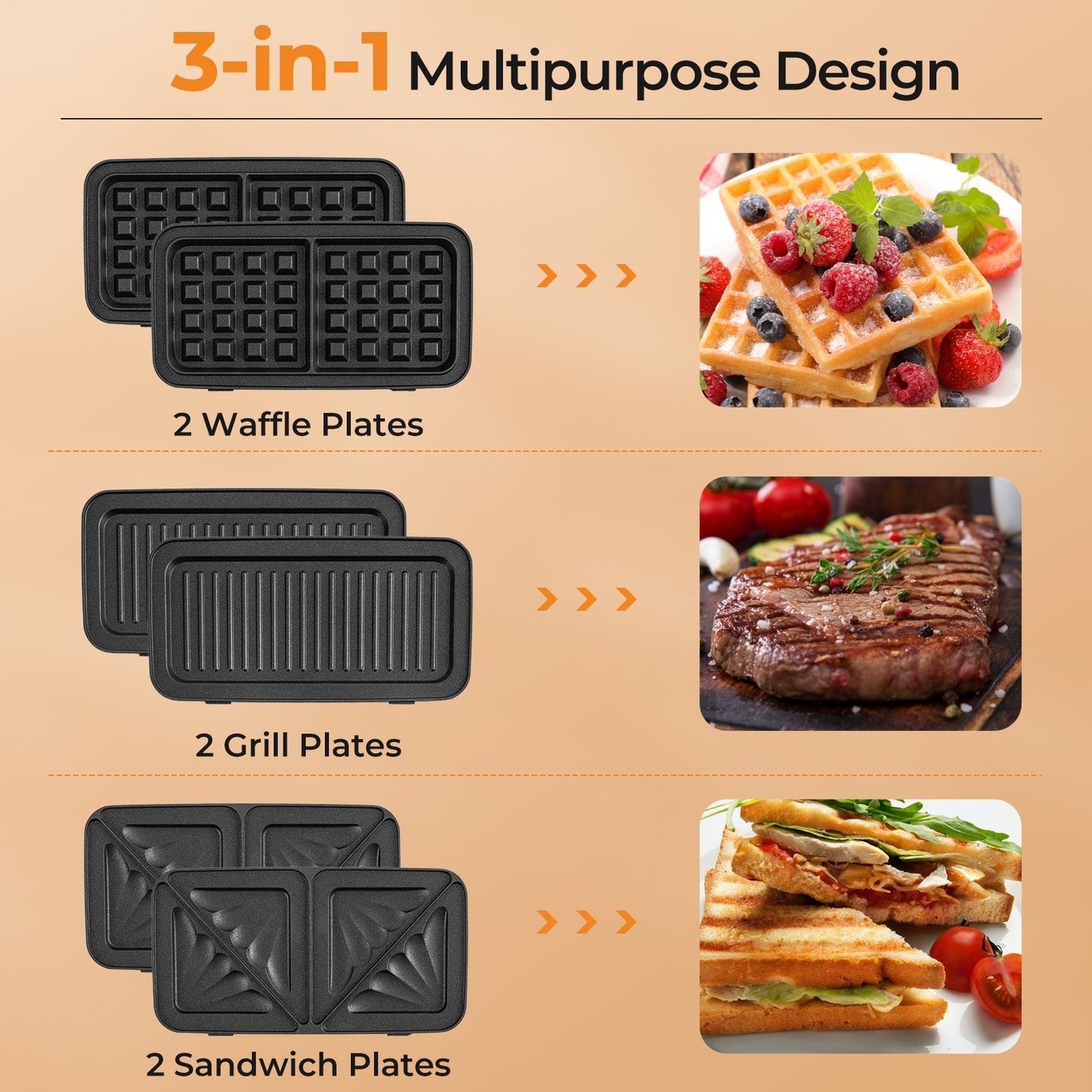 Versatile 3 in 1 Sandwich Maker & Grill with 1200W Power and Removable Non Stick Plates