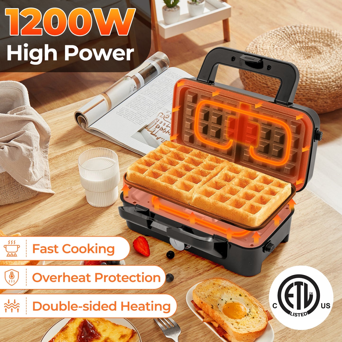 Versatile 3 in 1 Sandwich Maker & Grill with 1200W Power and Removable Non Stick Plates