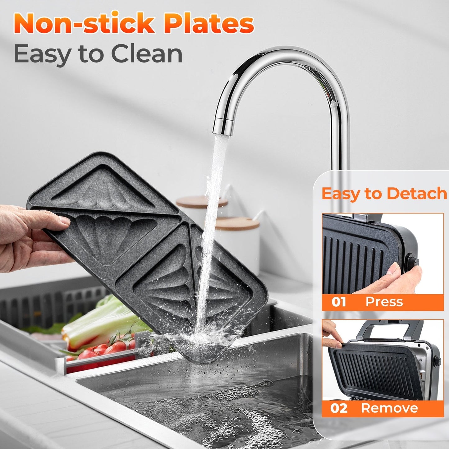 Versatile 3 in 1 Sandwich Maker & Grill with 1200W Power and Removable Non Stick Plates