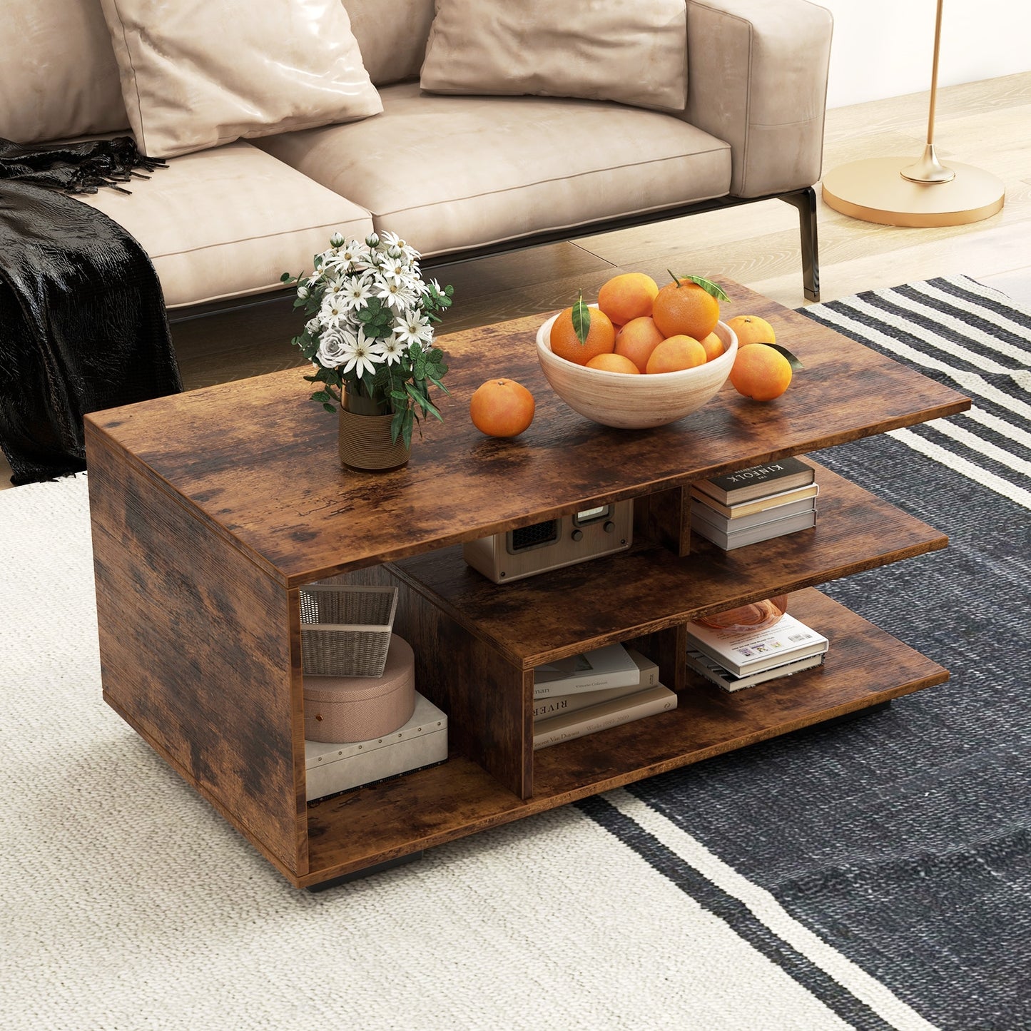 Modern 3-Tier Rectangular Coffee Table with Geometric L-Shaped Shelf and Storage Compartments in Brown