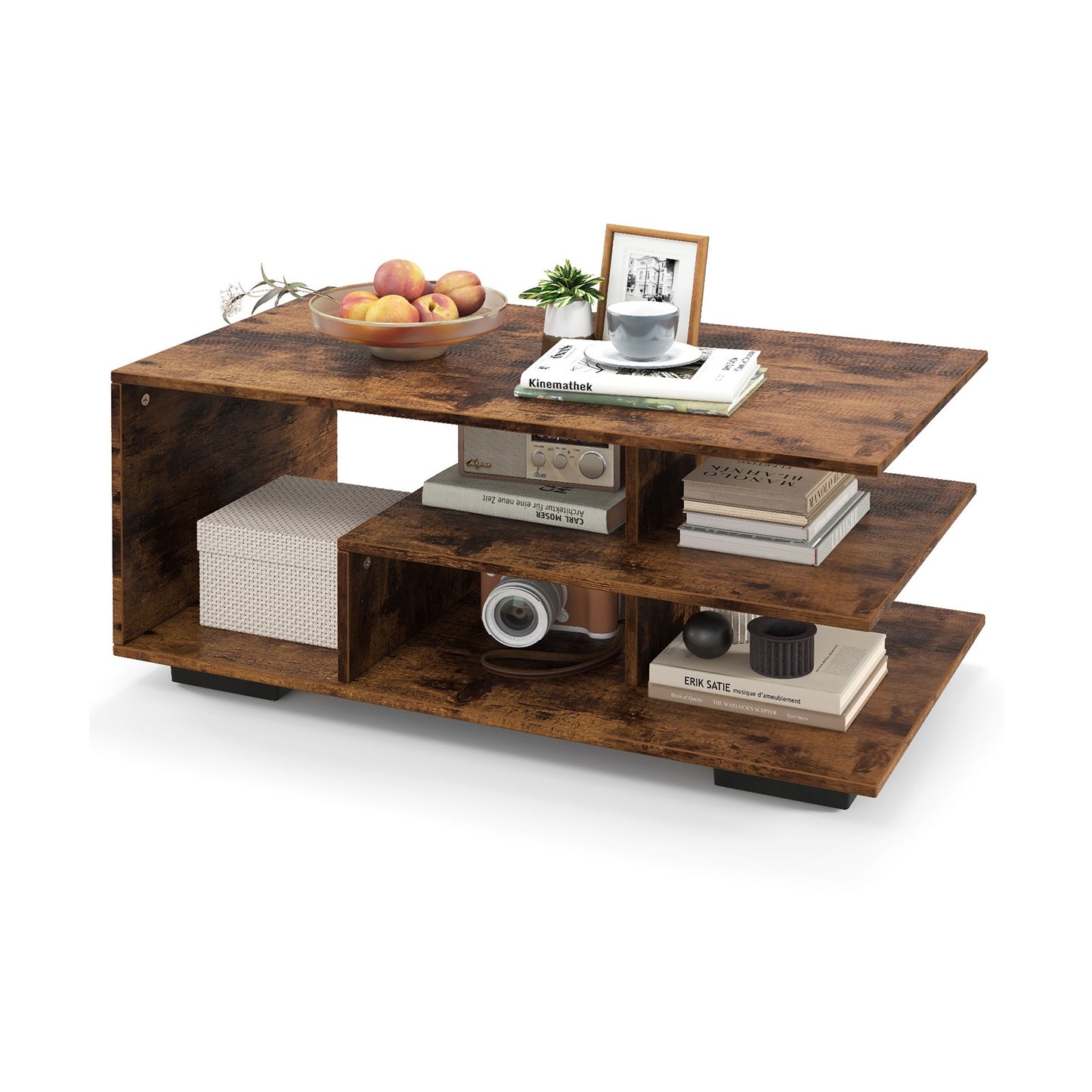 Modern 3-Tier Rectangular Coffee Table with Geometric L-Shaped Shelf and Storage Compartments in Brown