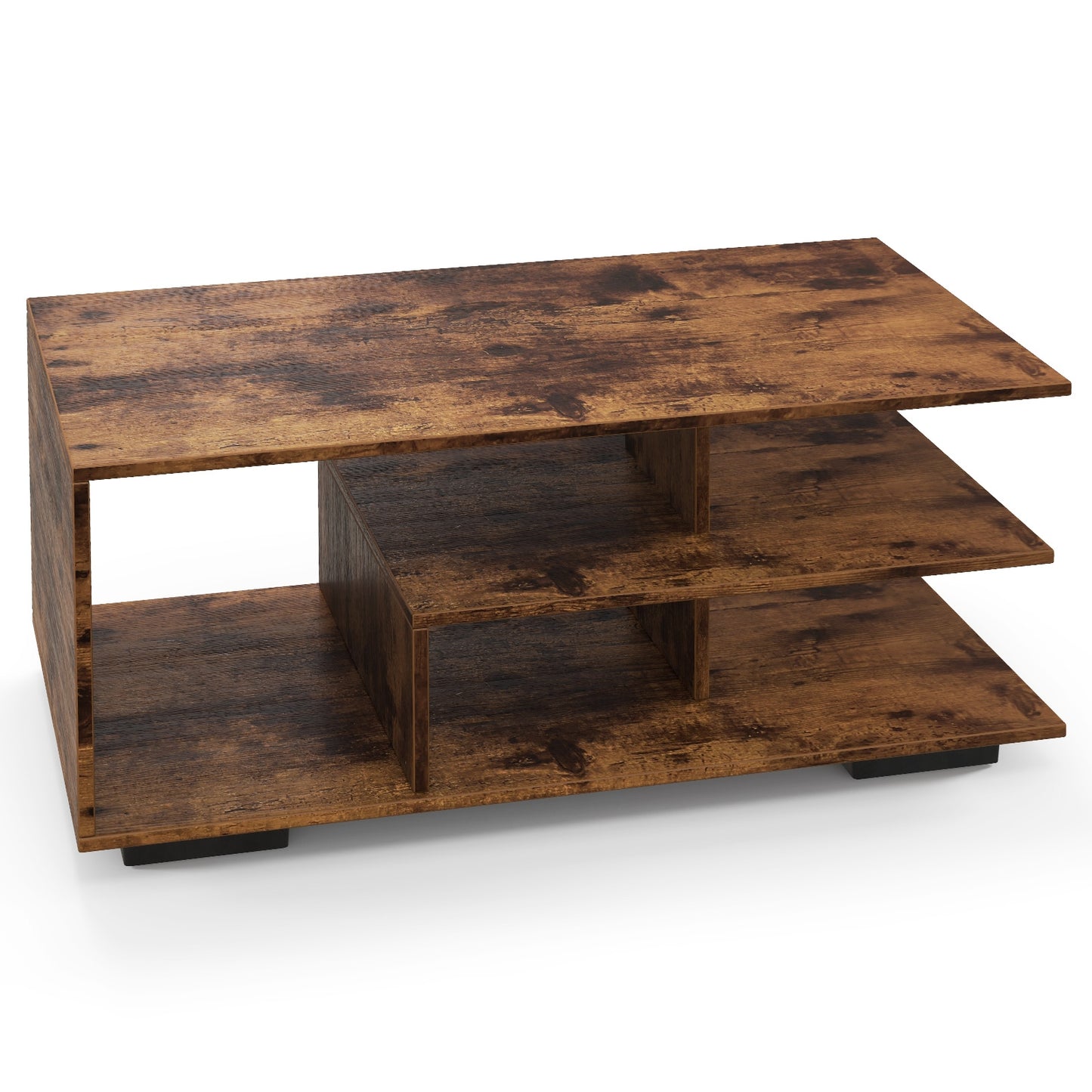 Modern 3-Tier Rectangular Coffee Table with Geometric L-Shaped Shelf and Storage Compartments in Brown