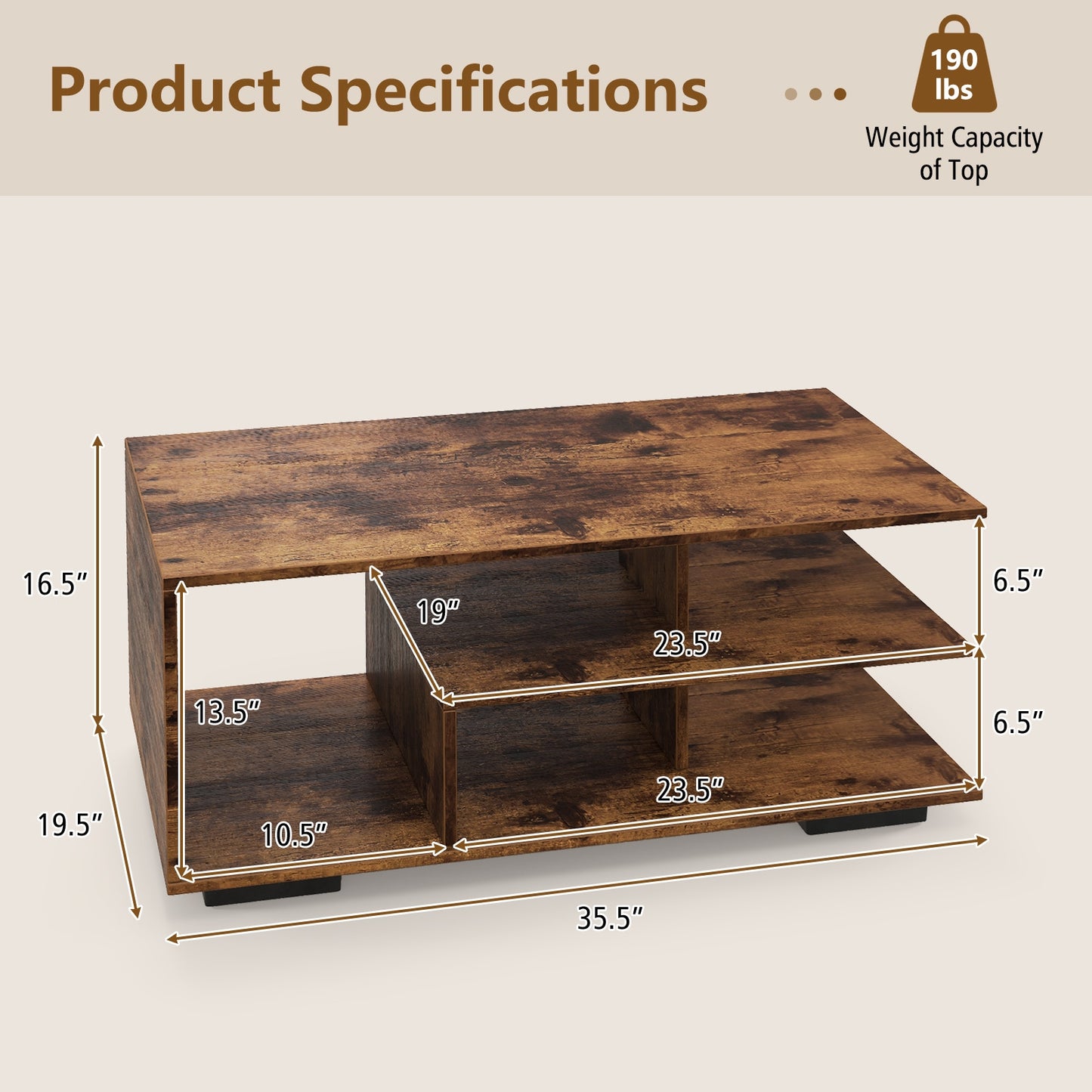 Modern 3-Tier Rectangular Coffee Table with Geometric L-Shaped Shelf and Storage Compartments in Brown