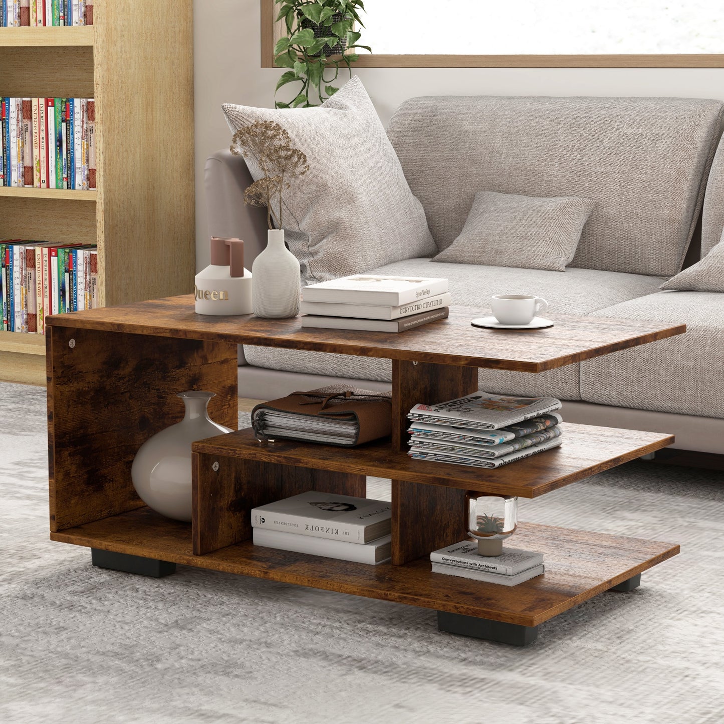Modern 3-Tier Rectangular Coffee Table with Geometric L-Shaped Shelf and Storage Compartments in Brown