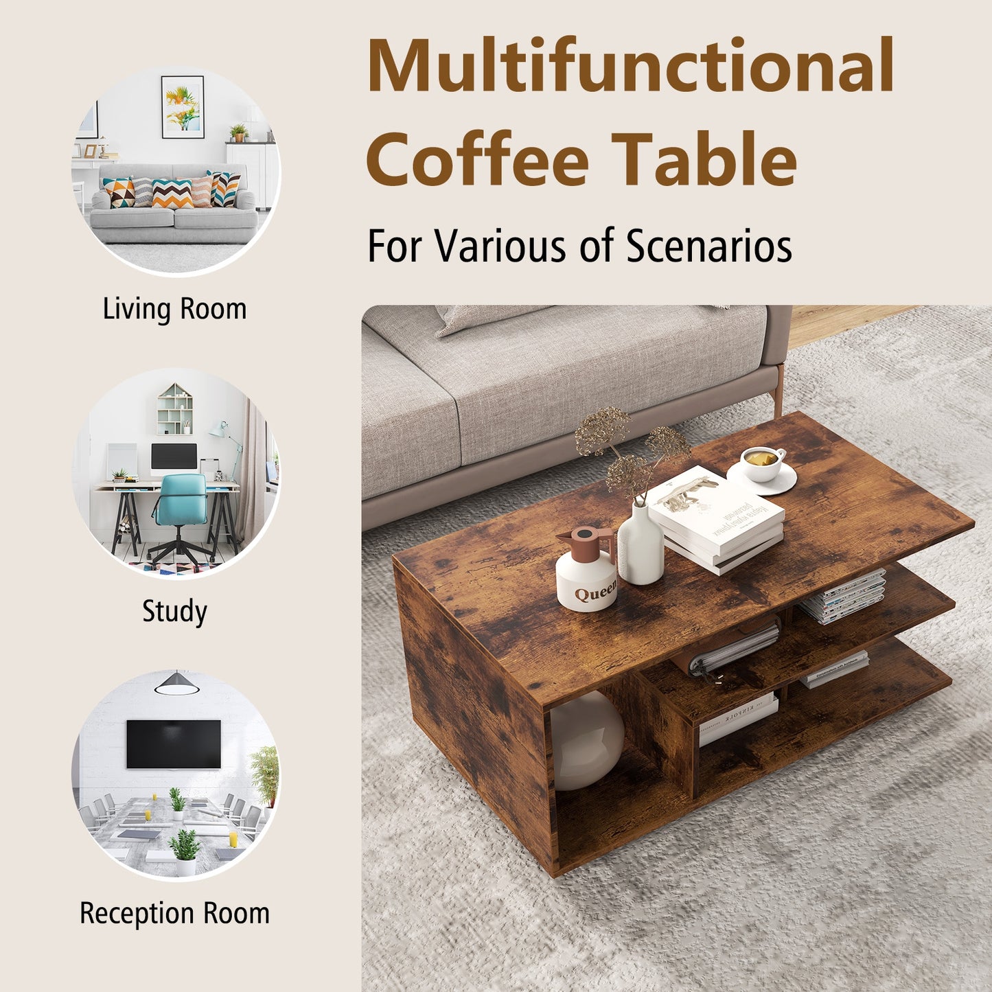 Modern 3-Tier Rectangular Coffee Table with Geometric L-Shaped Shelf and Storage Compartments in Brown