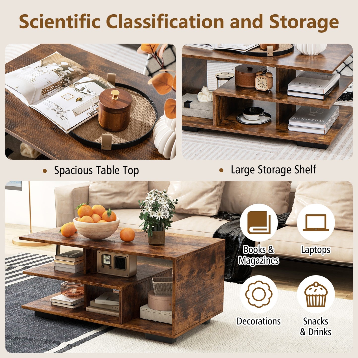 Modern 3-Tier Rectangular Coffee Table with Geometric L-Shaped Shelf and Storage Compartments in Brown