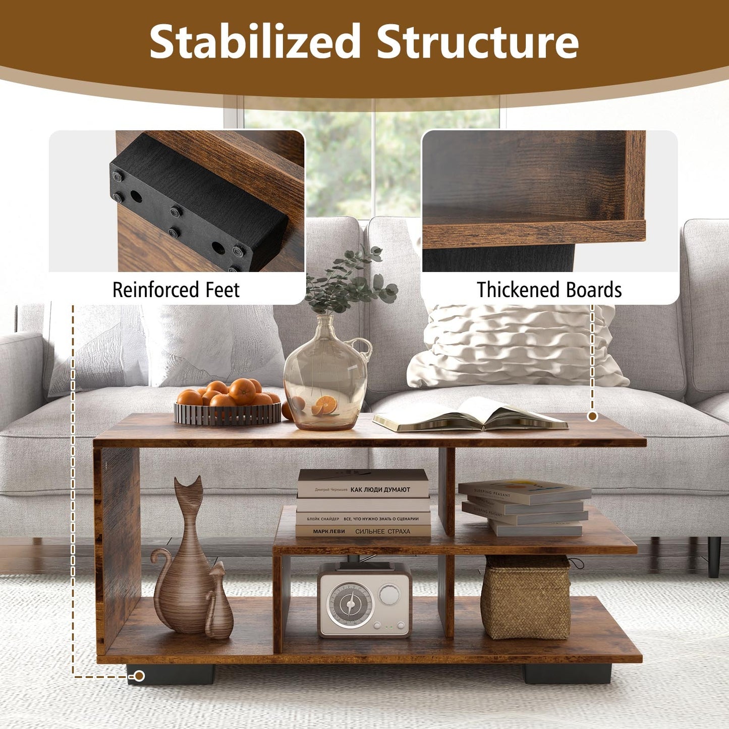 Modern 3-Tier Rectangular Coffee Table with Geometric L-Shaped Shelf and Storage Compartments in Brown