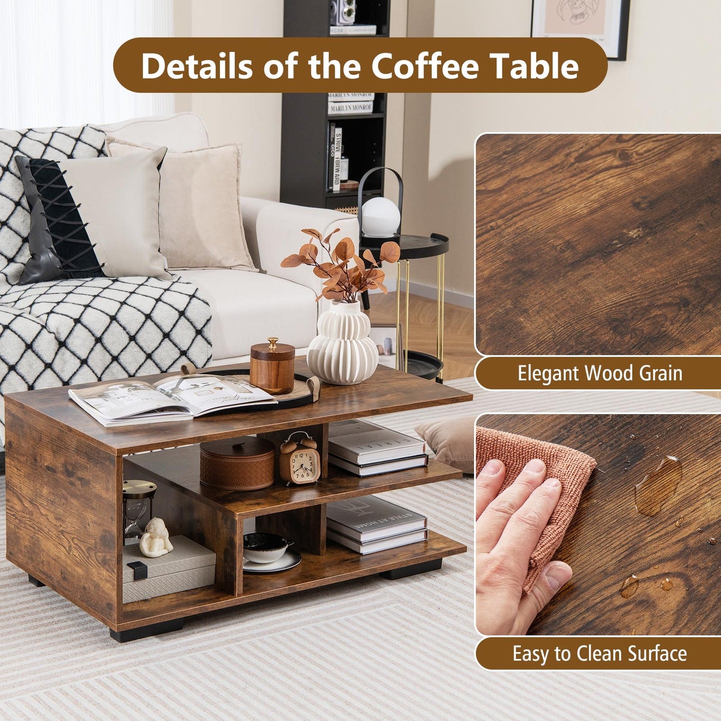 Modern 3-Tier Rectangular Coffee Table with Geometric L-Shaped Shelf and Storage Compartments in Brown