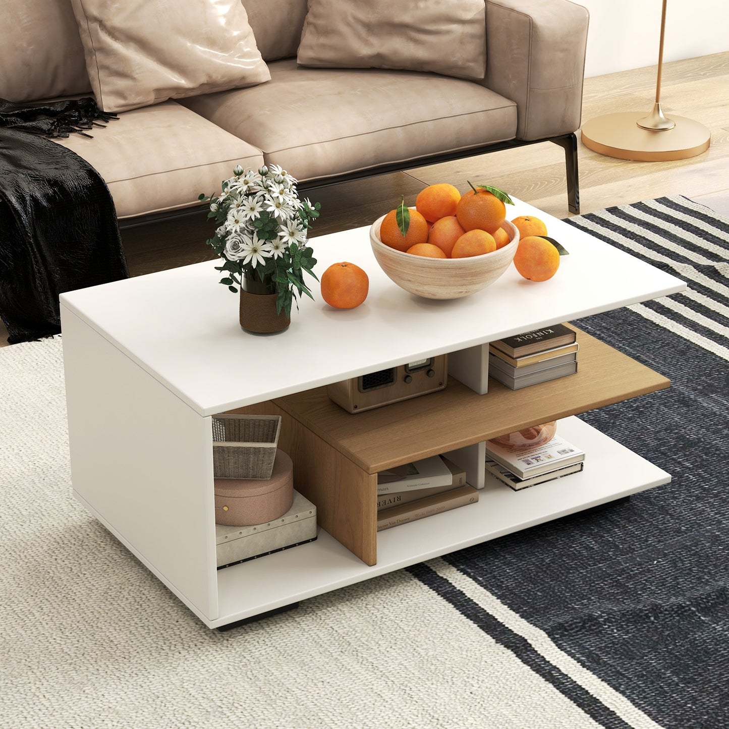 Modern 3-Tier Rectangular Coffee Table with Geometric L-Shaped Shelf and Storage Compartments in White