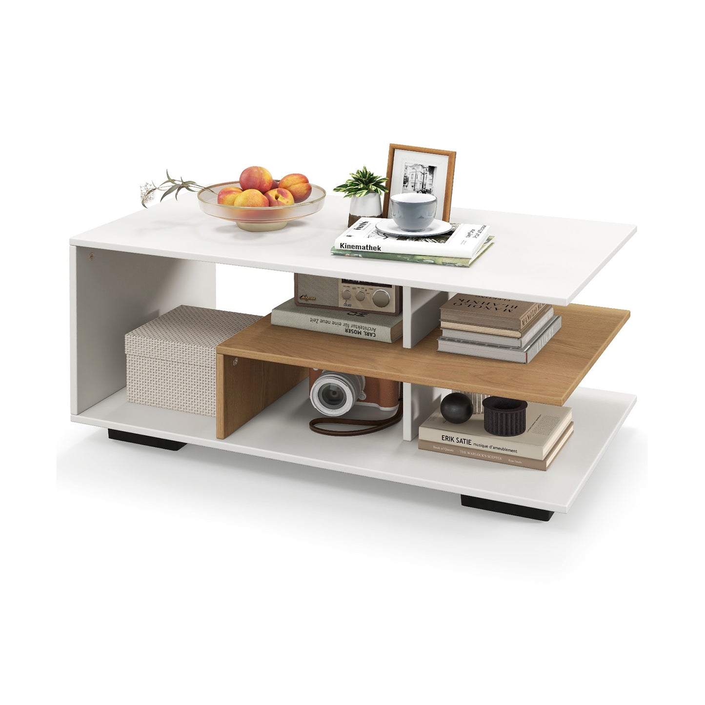 Modern 3-Tier Rectangular Coffee Table with Geometric L-Shaped Shelf and Storage Compartments in White