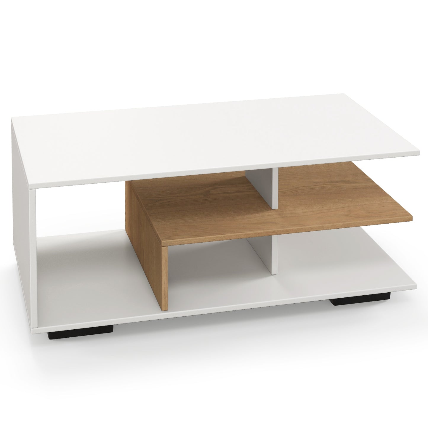 Modern 3-Tier Rectangular Coffee Table with Geometric L-Shaped Shelf and Storage Compartments in White