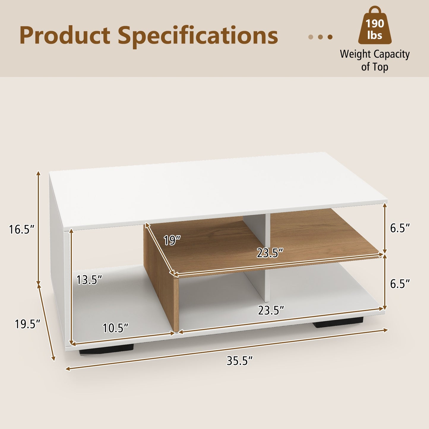 Modern 3-Tier Rectangular Coffee Table with Geometric L-Shaped Shelf and Storage Compartments in White