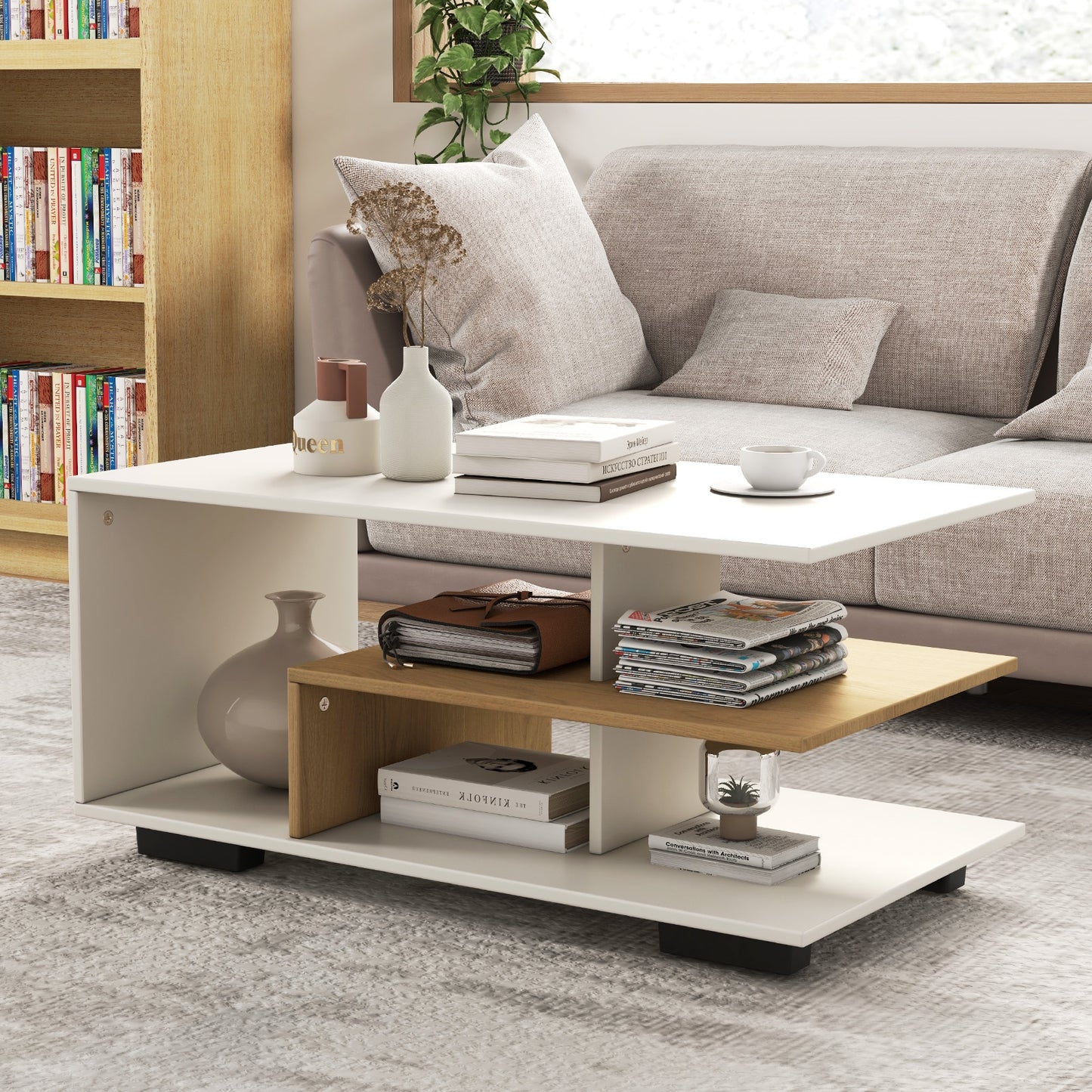 Modern 3-Tier Rectangular Coffee Table with Geometric L-Shaped Shelf and Storage Compartments in White