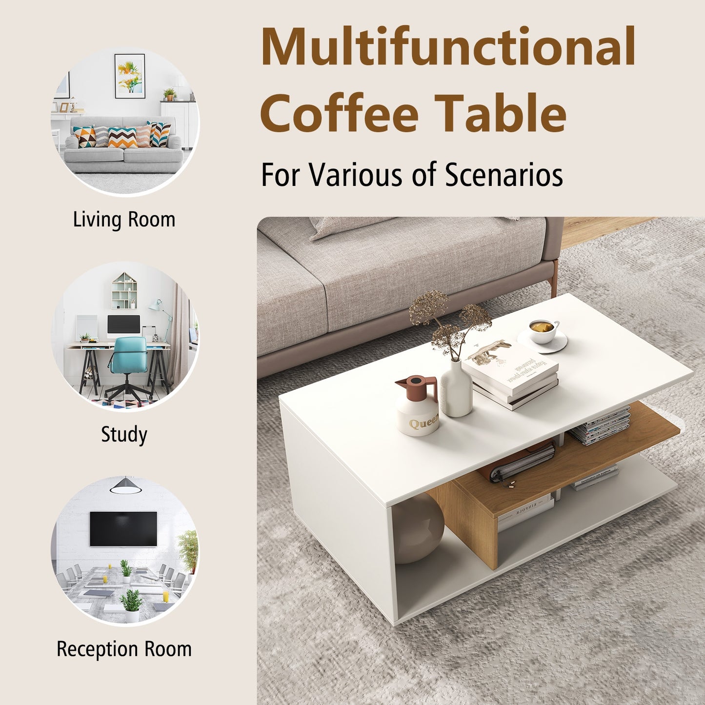 Modern 3-Tier Rectangular Coffee Table with Geometric L-Shaped Shelf and Storage Compartments in White