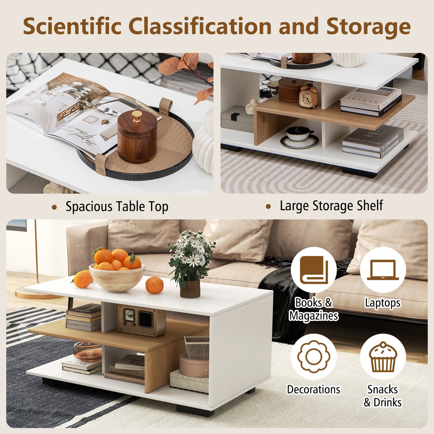 Modern 3-Tier Rectangular Coffee Table with Geometric L-Shaped Shelf and Storage Compartments in White