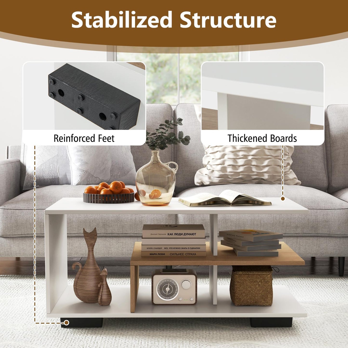 Modern 3-Tier Rectangular Coffee Table with Geometric L-Shaped Shelf and Storage Compartments in White