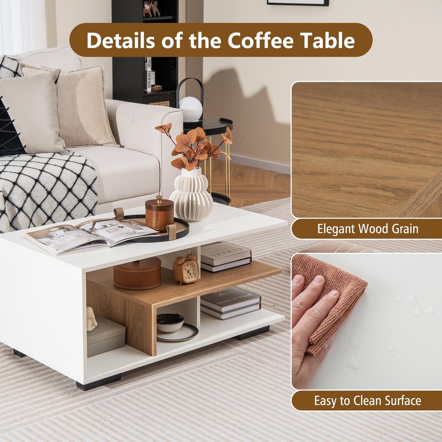 Modern 3-Tier Rectangular Coffee Table with Geometric L-Shaped Shelf and Storage Compartments in White
