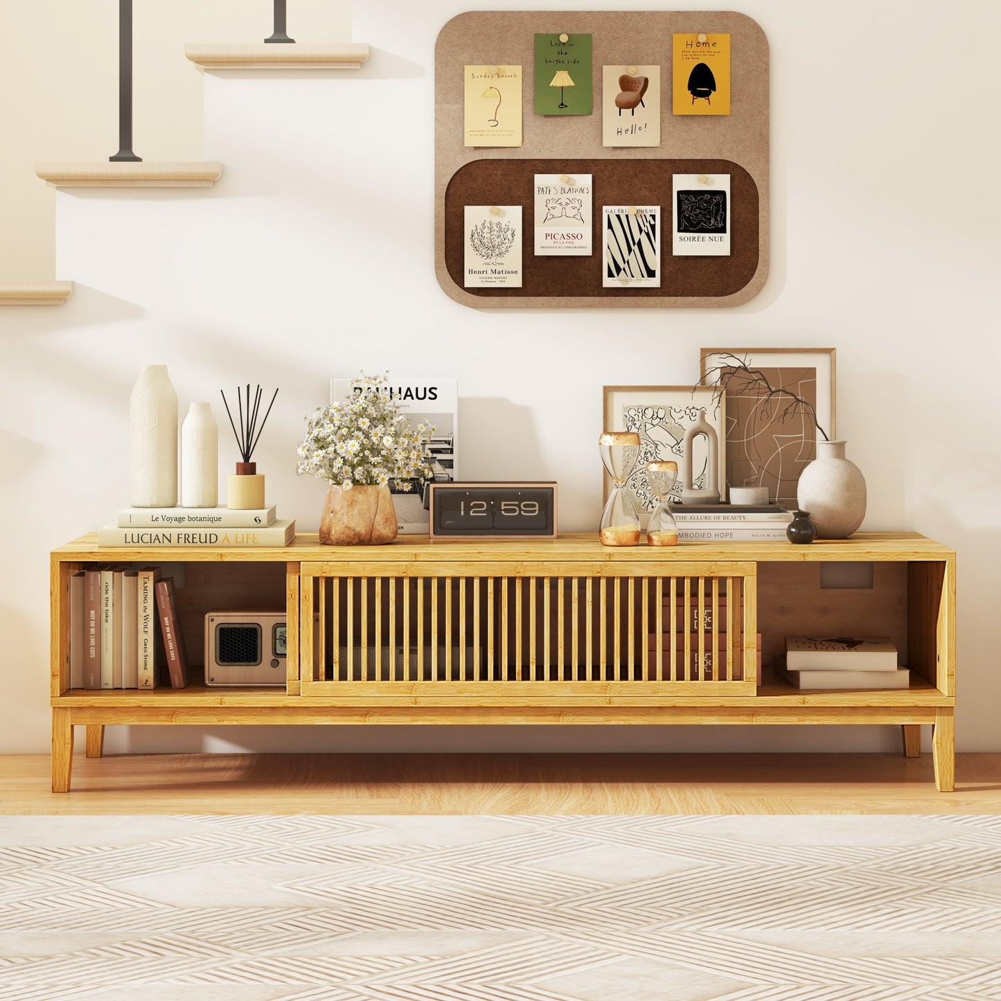 Bamboo TV Console with Slatted Sliding Doors and Storage for up to 65 Inch TVs