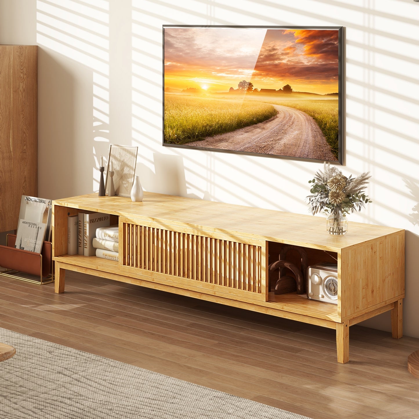 Bamboo TV Console with Slatted Sliding Doors and Storage for up to 65 Inch TVs