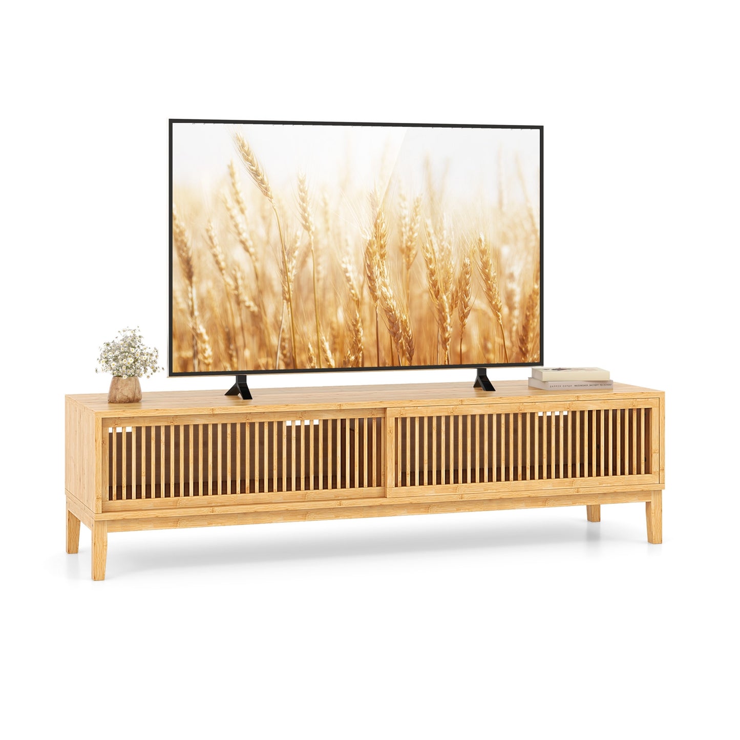Bamboo TV Console with Slatted Sliding Doors and Storage for up to 65 Inch TVs