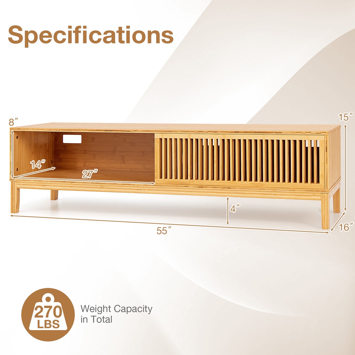 Bamboo TV Console with Slatted Sliding Doors and Storage for up to 65 Inch TVs