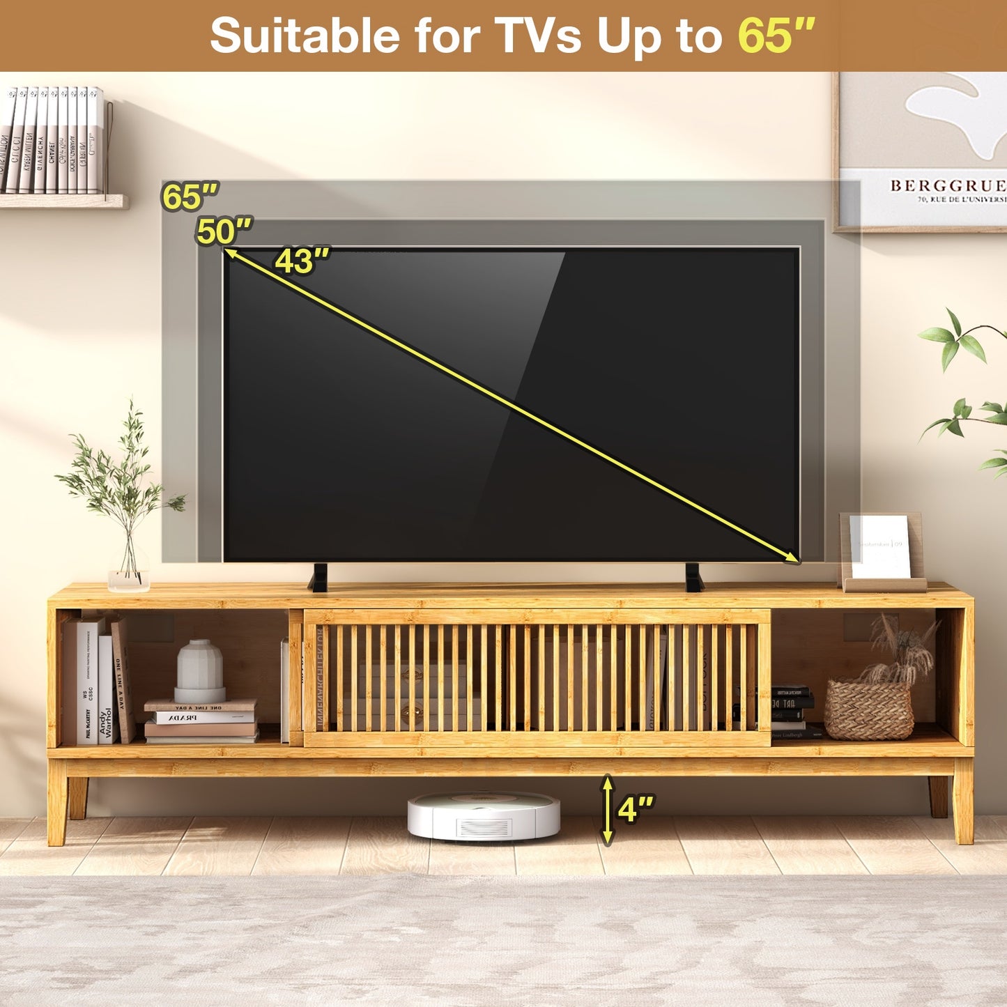 Bamboo TV Console with Slatted Sliding Doors and Storage for up to 65 Inch TVs