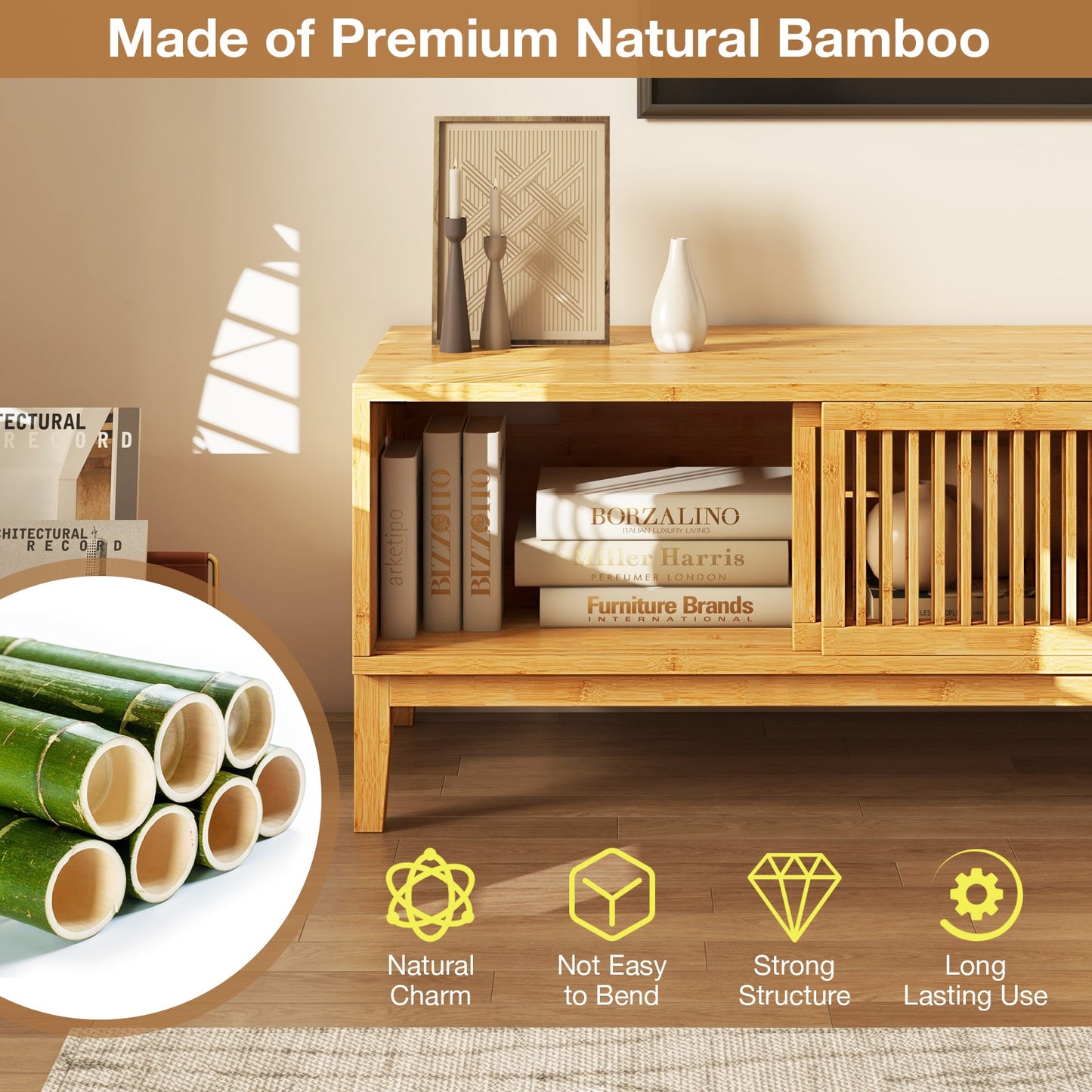 Bamboo TV Console with Slatted Sliding Doors and Storage for up to 65 Inch TVs