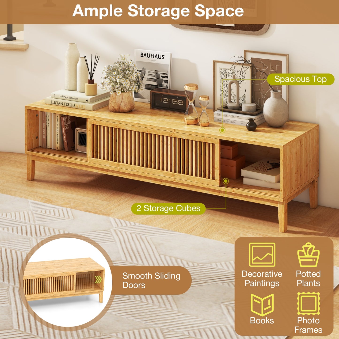 Bamboo TV Console with Slatted Sliding Doors and Storage for up to 65 Inch TVs