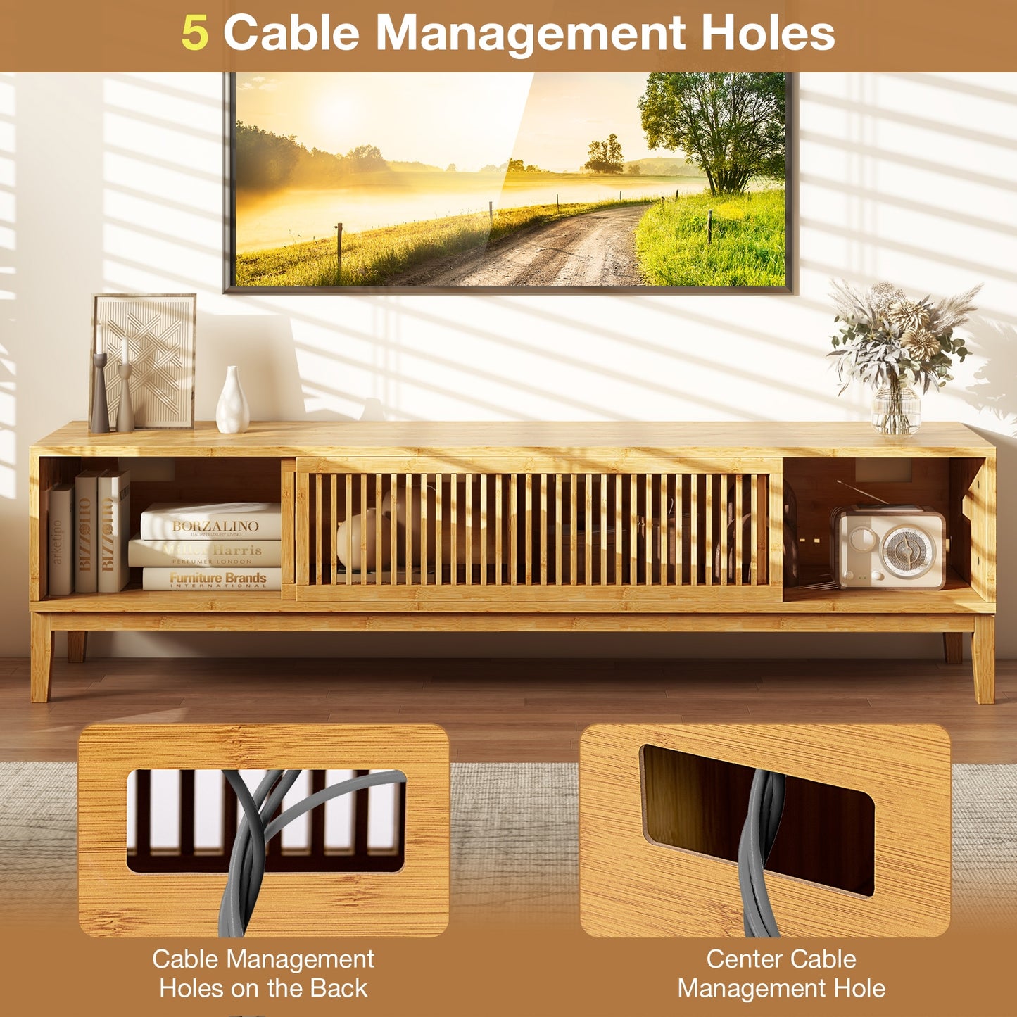 Bamboo TV Console with Slatted Sliding Doors and Storage for up to 65 Inch TVs