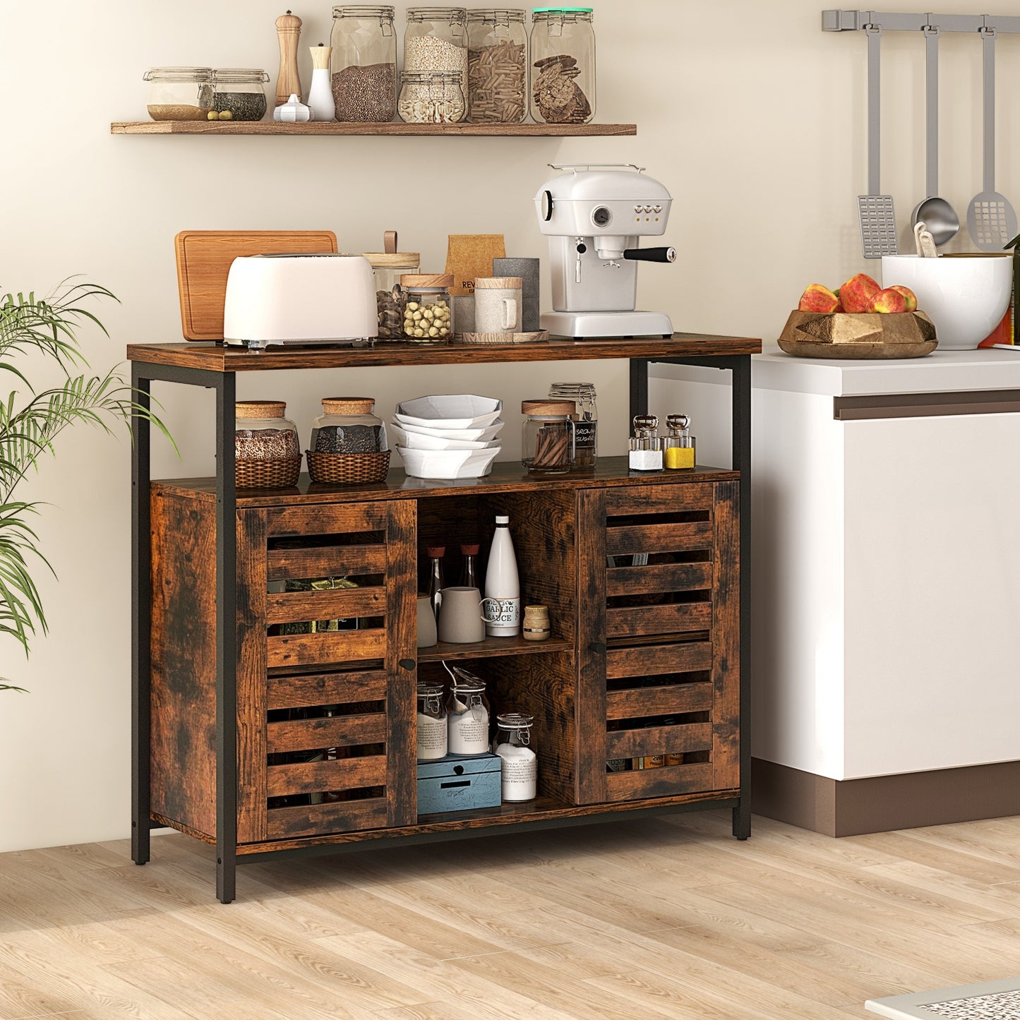 Industrial Buffet Sideboard with Push-to-Open Slatted Doors and Adjustable Shelves for Kitchen Storage