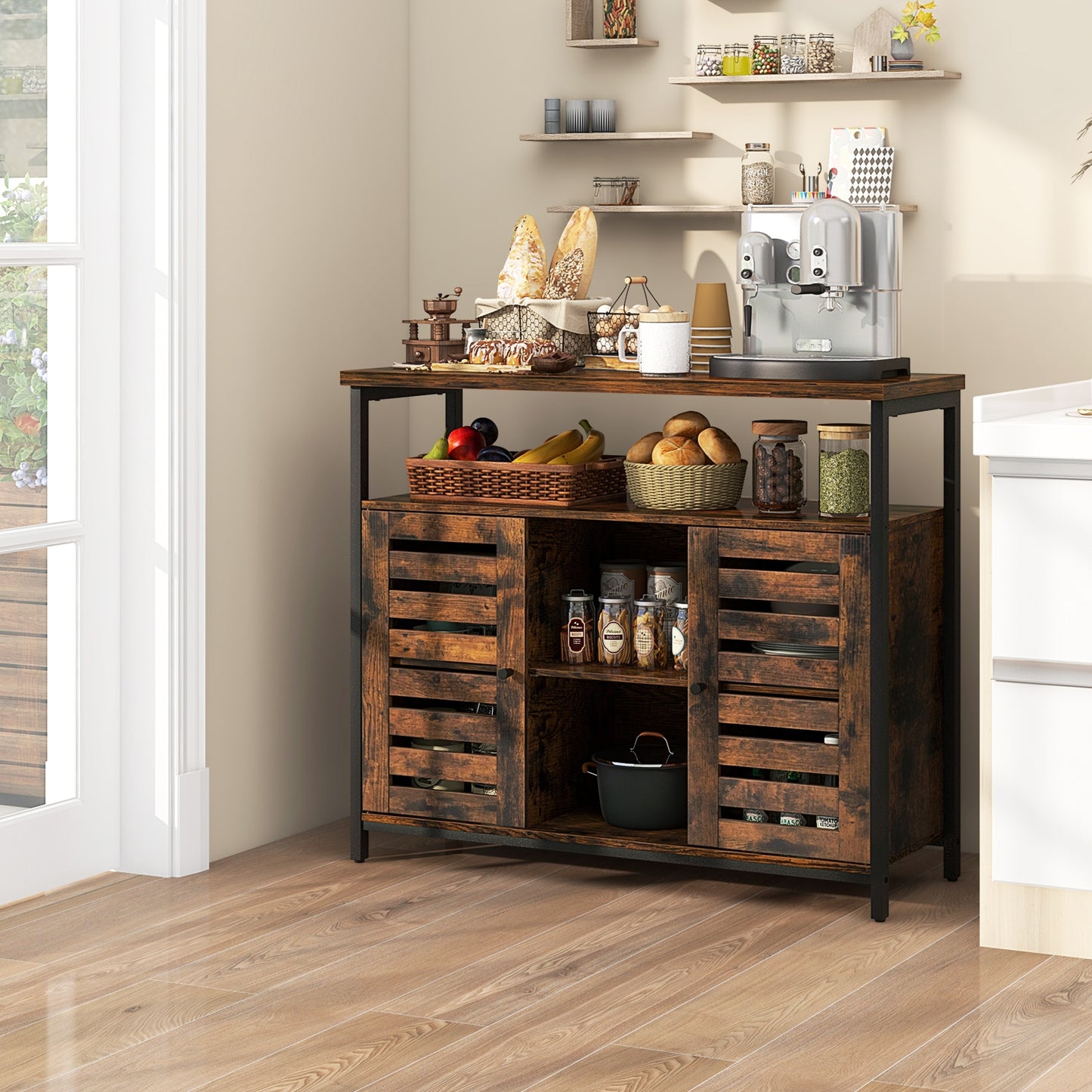 Industrial Buffet Sideboard with Push-to-Open Slatted Doors and Adjustable Shelves for Kitchen Storage