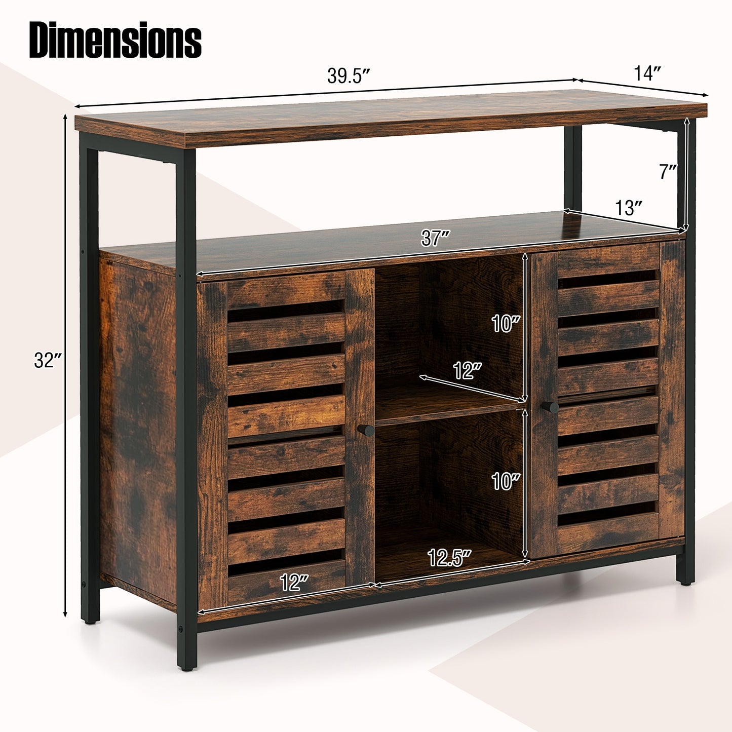 Industrial Buffet Sideboard with Push-to-Open Slatted Doors and Adjustable Shelves for Kitchen Storage