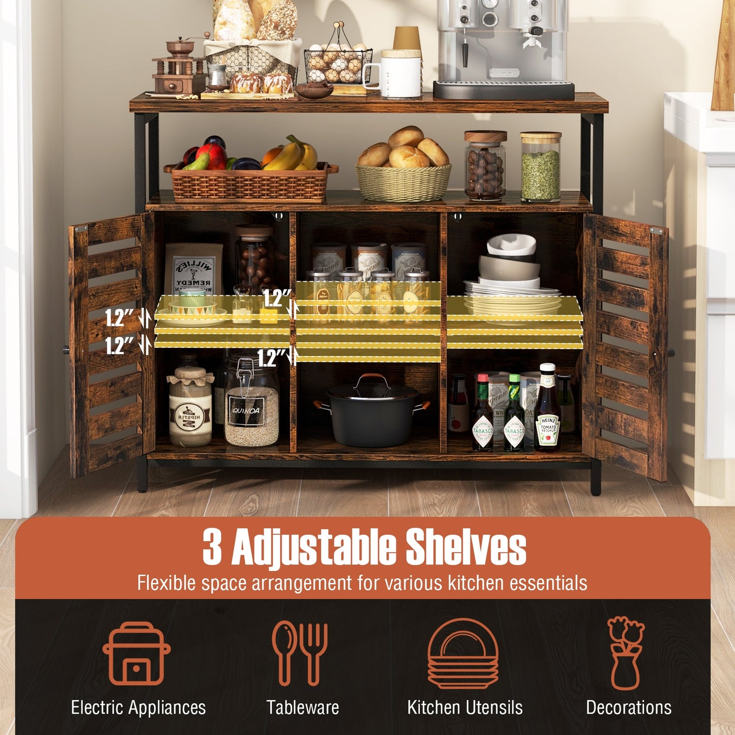 Industrial Buffet Sideboard with Push-to-Open Slatted Doors and Adjustable Shelves for Kitchen Storage