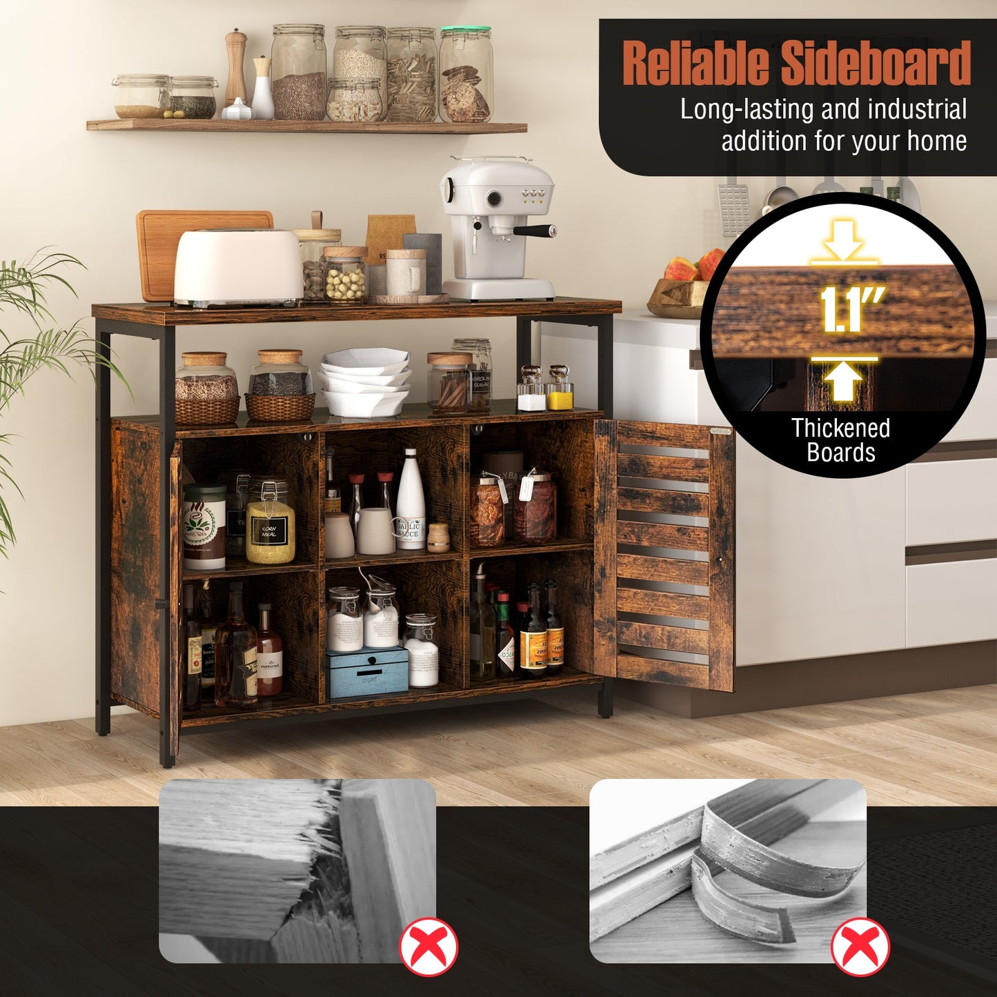Industrial Buffet Sideboard with Push-to-Open Slatted Doors and Adjustable Shelves for Kitchen Storage