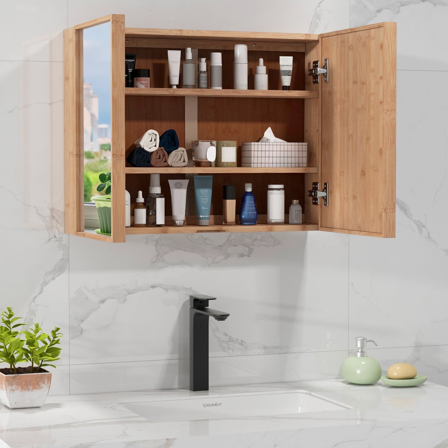 Wall Mounted Double Door Medicine Cabinet with Mirror and Adjustable Shelves