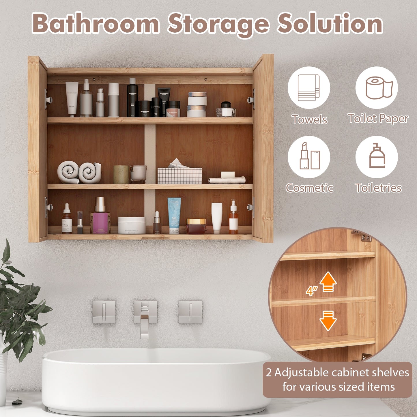 Wall Mounted Double Door Medicine Cabinet with Mirror and Adjustable Shelves