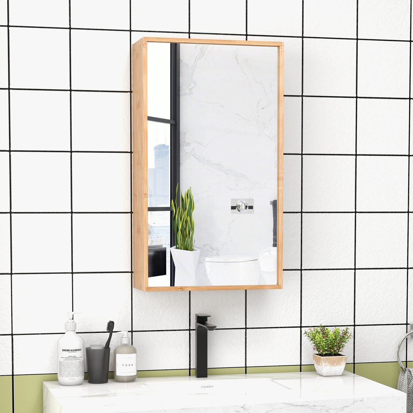 Wall Mounted Bamboo Medicine Cabinet with Mirror & Adjustable Shelves