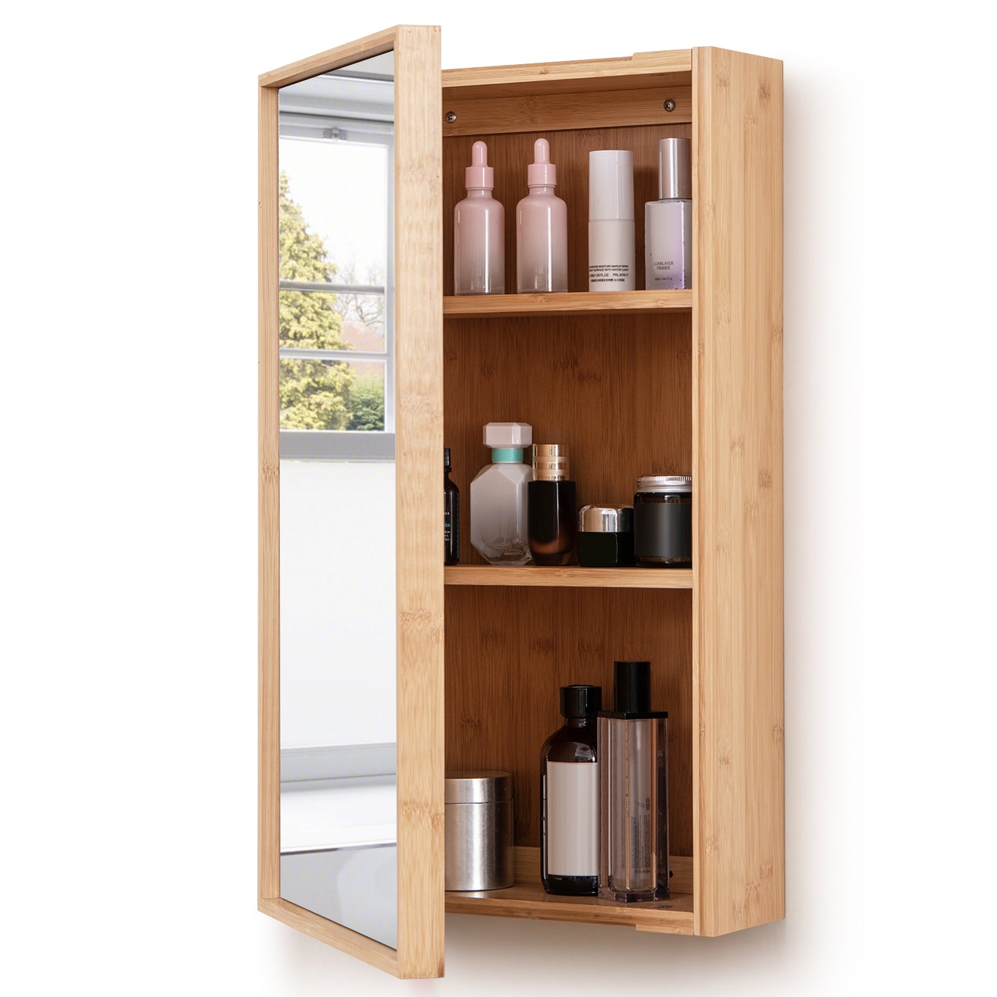 Wall Mounted Bamboo Medicine Cabinet with Mirror & Adjustable Shelves